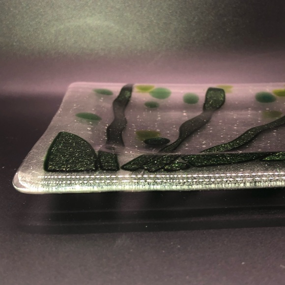 Fused Art Glass Plate Seaweed And Bubbles 8” Square - Picture 3 of 6